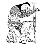 arm closed_eyes closed_mouth clothes full_body glasses hair hand holding_object holding_sword kneel knight leg soyjak swastika sword text variant:chudjak weapon // 2000x2000 // 927.6KB