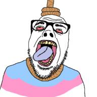 bald bloodshot_eyes crying flag:transgender_pride_flag hanging merge open_mouth rope soyjak suicide tongue tranny transgender_flag troon variant:bernd variant:dubbbzjak // 512x512 // 8.7KB