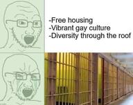 bloodshot_eyes crying glasses irl jail open_mouth soyjak stubble text thing_japanese variant:soyak // 1170x926 // 614.8KB