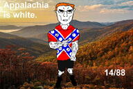 1488 buff clothes confederate flag full_body ginger green_eyes hair irl_background orange_hair soyjak subvariant:chudjak_front subvariant:unbotheredchud text variant:chudjak vein // 1500x1000 // 315.3KB