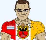 OdessanBvll(namefag) arm brown_hair buff christian_cross christian_identity christianity closed_mouth clothes coat_of_arms cross crucifix ear eastern_orthodox flag:odessa glasses hair name_tag namefags necklace odesa orthodox orthodox_christian orthodoxy soybooru soyjak subvariant:chudjak_front subvariant:muscular_chud transparent_background tshirt variant:chudjak vein // 1059x929 // 213.3KB
