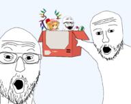 3soyjaks anime box clothes excited female flandre_scarlet glasses hair hand hat mustache nintendo nintendo_switch open_mouth red_eyes soyjak stubble touhou variant:excited_soyjak variant:two_pointing_soyjaks video_game wing yellow_hair // 750x593 // 188.3KB