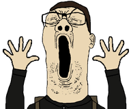 aliased arm backpack brown_hair closed_eyes clothes collared_shirt ear glasses hair hand incomprehensible mustache open_mouth panic soyjak stubble variant:reaction_soyjak white_skin // 800x662 // 25.5KB