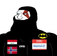 Warrior-Z(user) allah aryan balaclava batman batman_(series) blue_eyes blue_eyeseyes chad clothes eyes_like_the_o-o-cean flag:iraq flag:norway iraq kratos name_tag norway subvariant:mexiaryan variant:meximutt // 886x872 // 64.5KB