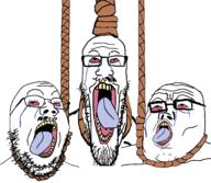 3soyjaks ack bloodshot_eyes crying glasses hanging mustache open_mouth rope soyjak soyjak_trio stretched_mouth stubble suicide suicide_pact tongue variant:gapejak variant:markiplier_soyjak variant:tony_soprano_soyjak // 2048x1777 // 1.6MB