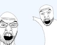 2soyjaks angry arm glasses hand looking_at_you merge mustache open_mouth pointing soyjak stubble variant:feraljak variant:two_pointing_soyjaks // 750x593 // 122.1KB