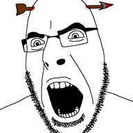 arrow blood clothes glasses hat open_mouth random_object_on_head soyjak stubble variant:cobson // 722x720 // 107.0KB