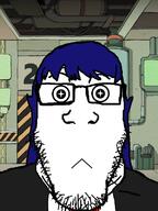 +_+ :< background blue_hair bongbong closed_mouth clothes glasses hair lobotomy_corporation long_hair neutral projectmoon soyjak stubble subvariant:neutralplier suit variant:markiplier_soyjak video_game // 600x800 // 387.5KB