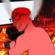 angry blood bloodshot_eyes clenched_teeth closed_mouth computer ear fume glasses hell red_skin soyjak stubble variant:zoomer_on_computer // 696x701 // 396.8KB