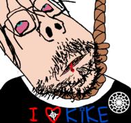 1488 blood bloodshot_eyes blue_eyes celtic_cross clothes cracked_teeth crying glasses hanging heart judaism kike nazism rope sonnenrad soyjak stubble subvariant:scholar tattoo text variant:gapejak white_skin yellow_teeth // 768x719 // 66.5KB