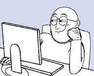 arm bald blue_background body chair closed_mouth computer fist glasses grin hand room sitting smile smug soyjak stubble variant:weirdpenis // 975x789 // 9.9KB