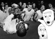 2soyjaks arm black_and_white glasses hand irl irl_background jazz negro open_mouth pointing saxophone soyjak stubble variant:two_pointing_soyjaks // 1024x736 // 535.0KB