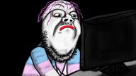 ack animated beard computer flag flag:transgender_pride_flag glasses hair hanging lipstick makeup mustache noose open_mouth pronouns purple_hair red_eyes rope soyjak suicide tongue tranny trans_rights transgender_flag troon typing variant:bernd // 1920x1080, 20.4s // 1.8MB