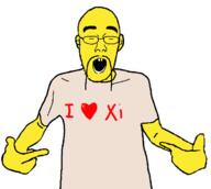 arm asian buck_teeth china clothes ear fu_manchu_(mustache) glasses hand i_love mustache pointing soyjak tshirt variant:shirtjak xi_jinping yellow_skin // 612x547 // 107.3KB