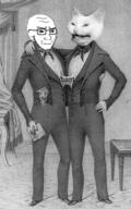 animal arm bant_(4chan) cat closed_mouth clothes concerned conjoined full_body glasses hand kot soyjak stubble text variant:soyak // 306x488 // 193.3KB