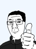 arm chud clothes dark_hair eyebrows glasses hair hand happy looking_at_you mouth_closed neck no_stubble nose smile subvariant:chuzjak thick_eyebrows thumbs_up track_suit transparent_background variant:chudjak variant:kuzjak white_skin wrinkles // 810x1080 // 23.9KB