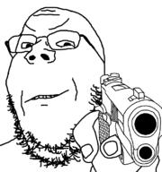 artist:hellcat firearm glasses gun hand holding_gun holding_object holding_pistol pistol smile smirk smug soyjak stubble template variant:gapejak weapon // 743x791 // 30.8KB