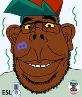 badge black_skin blue_hair boyfriend_(friday_night_funkin') cap closed_mouth clothes fnf_pedo friday_night_funkin' glasses hair hat map_(pedophile) pedophile series:esl_pedo_league slopjak smile soyjak stinky stubble sweating text transparent_background variant:obsjak yellow_sclera // 1030x1222 // 202.8KB