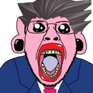 ace_attorney brown_hair clothes ear earring ftm glasses hair lips necktie oh_my_god_she_is_so_attractive open_mouth phoenix_wright pink_skin pooner soyjak stubble suit tranny variant:bernd videogame // 828x824 // 267.8KB