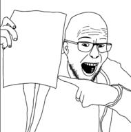 ear glasses hand holding_object open_mouth paper pointing soyjak stubble variant:unknown // 713x719 // 168.6KB