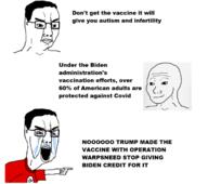 angry arm bloodshot_eyes closed_mouth clothes coronavirus_pandemic crying donald_trump glasses hair hand joe_biden nazism open_mouth pointing soyjak swastika text tshirt united_states vaccine variant:chudjak // 680x602 // 173.3KB