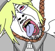 blond bloodshot_eyes clothes crying froze funamusea glasses hair hanging hat open_mouth rope stubble tranny variant:bernd white_background wing yellow_hair // 450x417 // 16.7KB