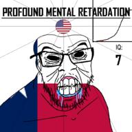 angry bald black_eyes black_hole black_sclera clenched_teeth closed_mouth cracked_teeth drool ear flag flag:texas flag:united_states glasses hair iq iq_bell_curve mustache nightmare_fuel no_pupils profound_mental_retardation retard soyjak star_(symbol) state stubble texas text united_states variant:feraljak wrinkles // 1024x1024 // 59.1KB