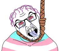 angry bloodshot_eyes flag flag:transgender_pride_flag front_facing glasses hair hanging noose open_mouth purple_hair rope soyjak stubble subvariant:feraljak_front suicide tear tongue tongue_out tranny transgender_flag transparent_background troon variant:feraljak // 1230x1064 // 45.2KB
