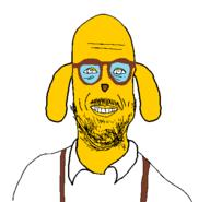 clothes dog ear glasses janny smile soyjak stubble suspenders variant:microplasticsjak yellow_skin // 464x446 // 31.4KB