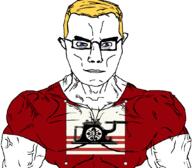arm blue_eyes buff closed_mouth clothes flag flag:ironland glasses hair ironland magnify micronation soyjak subvariant:chudjak_front subvariant:muscular_chud tshirt united_states variant:chudjak vein yellow_hair // 1059x929 // 178.1KB