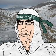 army blue_eyes bosnia bosniak bosnian bosnian_mujahideen bosnian_war glasses headband helmet irl_background islam shahada snow soldier soyjak subvariant:perceptive_chud text variant:chudjak village white_skin // 2000x2000 // 494.6KB