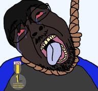 ack award badge black_skin bloodshot_eyes clothes crying glasses hair hanging jake jartycuck moustache natejak nigger noose open_mouth rope rotten_teeth soyjak stubble suicide text tongue variant:bernd // 1295x1205 // 57.6KB