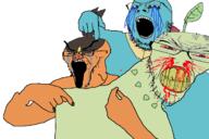 angry black_skin bloodshot_eyes blue_skin chikorita crocodile crying dinosaur glasses green_skin johto leaf mouth_open orange_skin pig pointing pokemon pokemon_legends:_za stubble tepig totodile unova variant:feraljak variant:gapejak variant:soyak vein // 1280x853 // 311.4KB