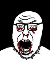 angry blood crooked_teeth glasses gore missing_teeth open_mouth soyjak stubble template variant:volcanojak // 677x799 // 9.7KB