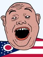 amerimutt black_sclera clothes ear flag flag:ohio hair ohio open_mouth red_shirt soyjak star_(symbol) state stubble teeth transparent_background united_states variant:alicia // 418x555 // 25.4KB