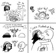 4panel angry beanie clothes comic dress female full_body glasses hair kissing meta:SOYDUEL_TOOK_PLACE_IN_COMMENT_SECTION minus8 monochrome open_mouth redraw stomp text variant:soytan // 2954x2799 // 536.2KB