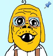 animal baby clothes deformed dog ear glasses hair janny push_pin smile soyjak sticky stubble subvariant:jacobson suspenders variant:a24_slowburn_soyjak yellow_skin // 732x768 // 126.4KB