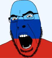 flag flag:luhansk full_head glasses hair looking_to_the_right luhansk open_mouth russia soyjak stubble teeth text transparent transparent_background variant:cobson // 721x789 // 23.3KB