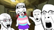 5soyjaks ack ao_oni artist:conservativewaluigi beard big_mouth blood bloodshot_eyes crying death flag:transgender_pride_flag glasses horrified horror_game house open_mouth pointing purple_hair red_eyes scared shocked soyjak tear tongue tranny transgender_flag troon troonella variant:bernd variant:cobson variant:soy_oni variant:soyak variant:two_pointing_soyjaks video_game yellow_teeth // 1280x720 // 700.6KB