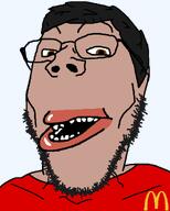 amerimutt brown_eyes buff clothes ear glasses hair mcdonalds mutt mutt_lips open_mouth red_lips red_shirt soyjak subvariant:gapearyan tan_skin teeth transparent_background variant:gapejak // 1000x1250 // 38.3KB