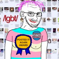 4chan arm award clothes ear eyelashes flag:transgender_pride_flag glasses hair lgbt lgbt_(4chan) mustache posted_it_again_award pronouns purple_hair smile smug soyjak stubble text tranny transgender_flag variant:soyak // 600x600 // 240.5KB