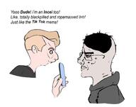 acne angry balding black_shirt blond chad chinless closed_mouth clothes ear eye_bags glasses grey_skin hair hand holding_phone hoodie incel lips looking_at_each_other nordic_chad shaved side_profile smile soyjak text thick_eyebrows tiktok variant:chudjak white_skin // 1024x805 // 300.7KB