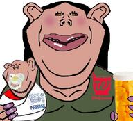 2soyjaks baby bald binky blush brown_eyes brown_skin clothes eyelashes fat female hair hand heart holding_object jpeg_compression logo long_nails low_quality meds nestle pacifier painted_nails pills small_eyes soyjak stubble subvariant:impish_amerimutt subvariant:impish_front text united_states variant:impish_soyak_ears walgreens white_background // 700x633 // 231.6KB