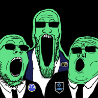 3soyjaks central_intelligence_agency clothes federal_bureau_of_investigation glasses glowing green jidf open_mouth soyjak stretched_mouth stubble suit sunglasses text trend:glowie trend:soyjak_trio variant:gapejak variant:markiplier_soyjak variant:tony_soprano_soyjak // 968x832 // 30.6KB