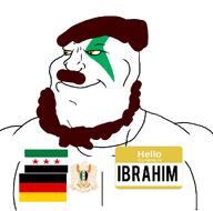 arab beard brown_hair buff closed_mouth english_text facial_mark flag:germany flag:syria free_syrian_army germany hello_my_name_is_(sticker) ibrahim looking_to_the_left mustache namefags smile subvariant:mexiaryan syria syrian_rebels text white_background yellow_eyes // 1080x1070 // 124.5KB
