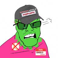 badge closed_mouth doll_(user) green green_eyes green_skin hello_my_name_is_(sticker) kolyma limeade_(user) meta:namefags paint pink pink_skin soyjak text variant:feraljak // 1500x1500 // 709.6KB