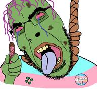 badge bloodshot_eyes crying dead dilate dilation flag frog frogposting glasses hair hanging monkeypox neovagina open_mouth purple_hair rope soyjak stubble suicide tongue tranny variant:cobson yellow_teeth // 766x710 // 84.5KB