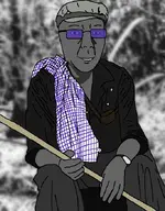arm bag black_and_white cap clothes dap_chhuon(user) eyebrows glasses grey_skin hand hat holding_object irl_background jungle khmer_rouge leg looking_at_you meta:namefags nose pol_pot scarf scythe shadow sitting smile subvariant:chuzjak teeth tinted_glasses variant:kuzjak wrinkles wristwatch // 533x683 // 231.7KB