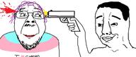 2soyjaks clothes dead firearm flag glasses gun hair hand happy holding_gun holding_object holding_pistol makeup murder mustache pistol purple_hair smile soyjak stubble tranny variant:bernd variant:chudjak // 1622x688 // 362.4KB
