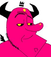 antonblast black_sclera closed_mouth crown demon demon_horns forehead_mark horn looking_at_you pink_skin raised_eyebrow smug stubble take_a_screenshot_it'll_last_longer variant:smugjak white_background yellow_eyes // 900x1000 // 39.6KB